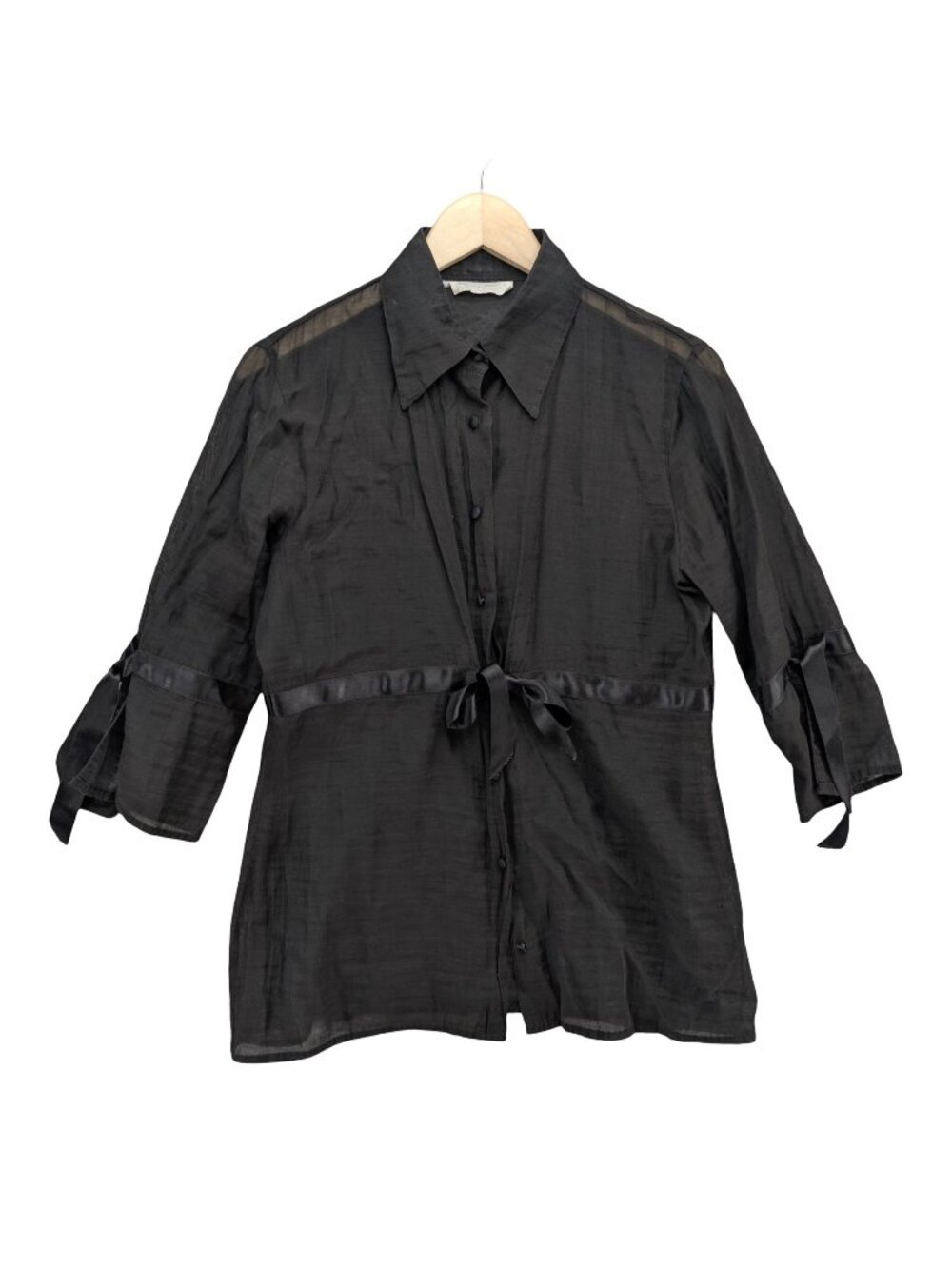 Rayure Sheer Blouse Womens Black 3/4 Sleeve Button Front Tie Waist Collared Sz S